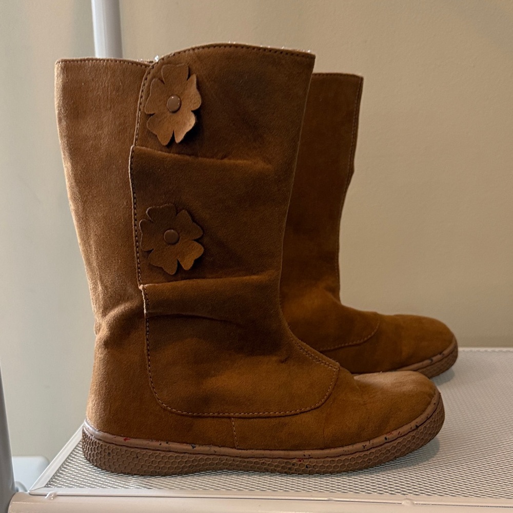 Livie & Luca Girls Brown Suede Flower Accent Mid-Calf Boots